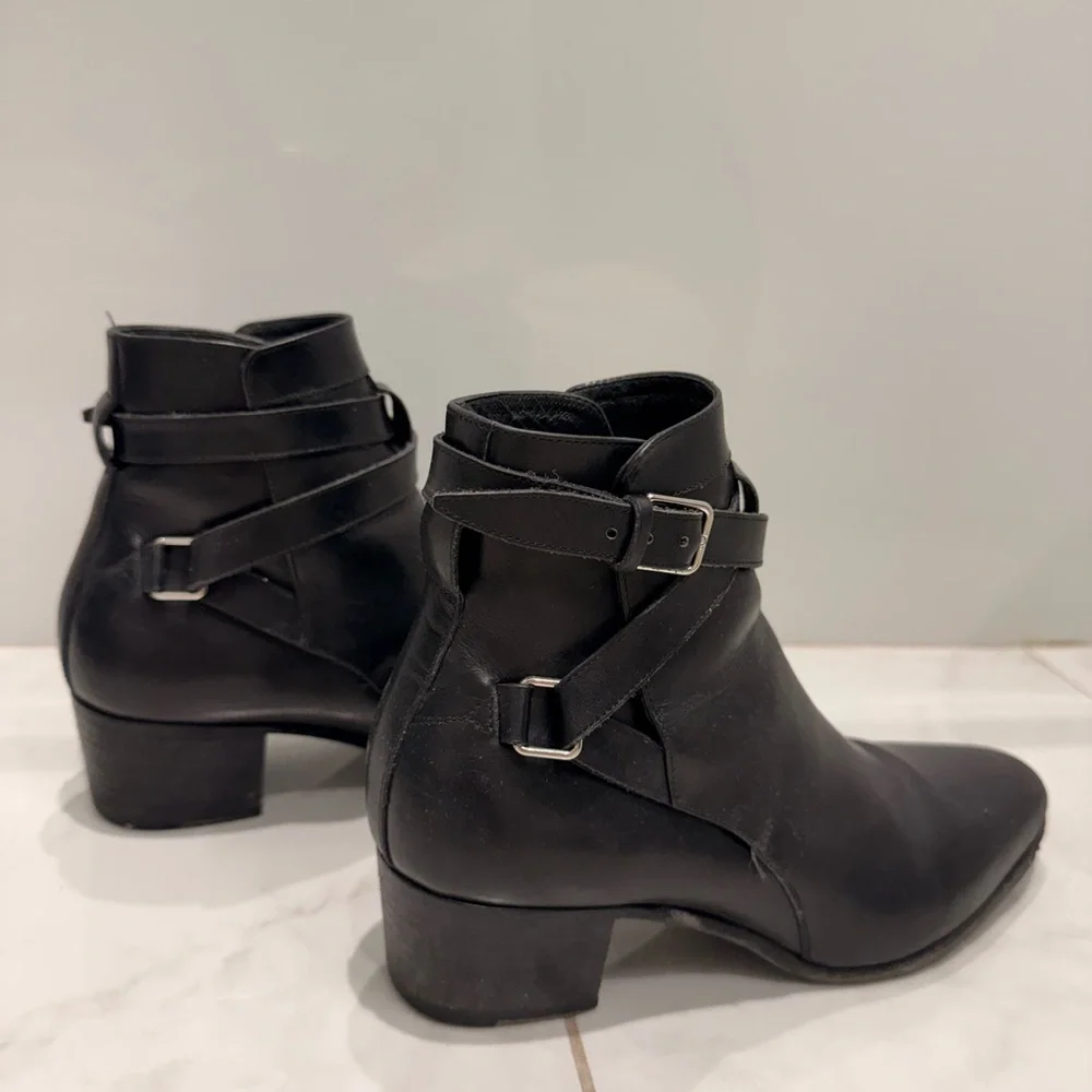 Saint Laurent Black Leather Ankle Booties with Buckle Straps - Picture 3 of 12